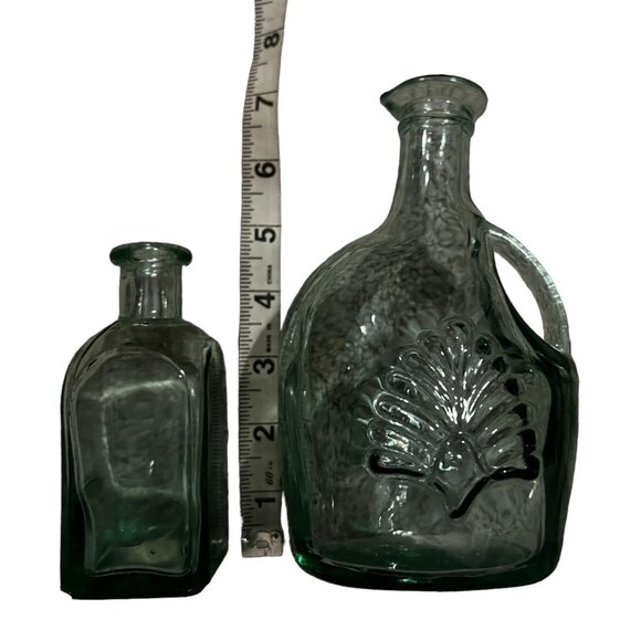 Vintage Libbey Green Glass Bottles Set Of 3 With Nautical & Leaf Motifs  Decorat - Picture 2 of 13